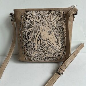 Montana West Trinity Ranch small beige tan crossbody w embossed horse head